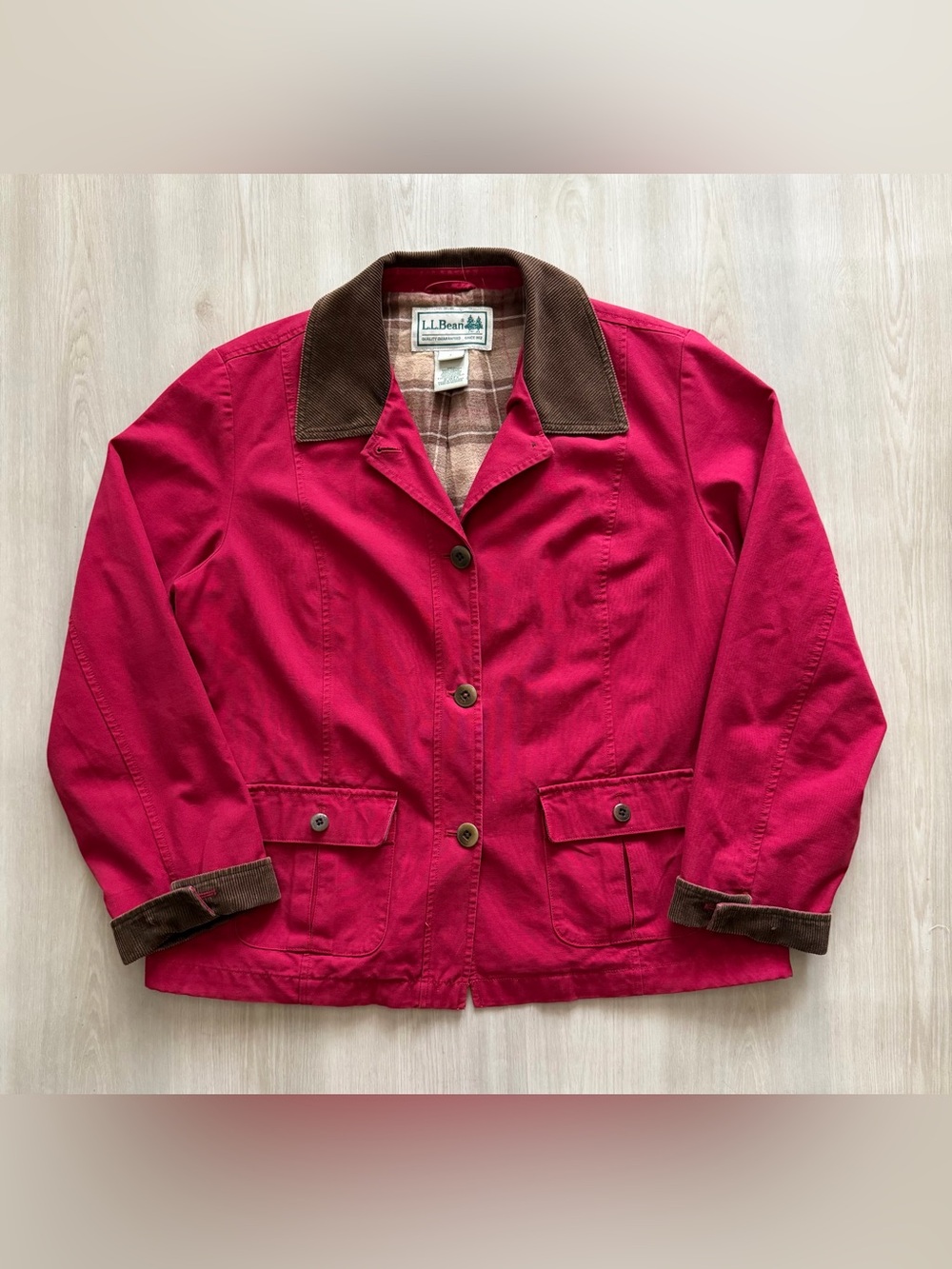 VTG LL Bean Red Barn Chore Coat Plaid Lining Corduroy Collar Cuffs Womens Sz LP